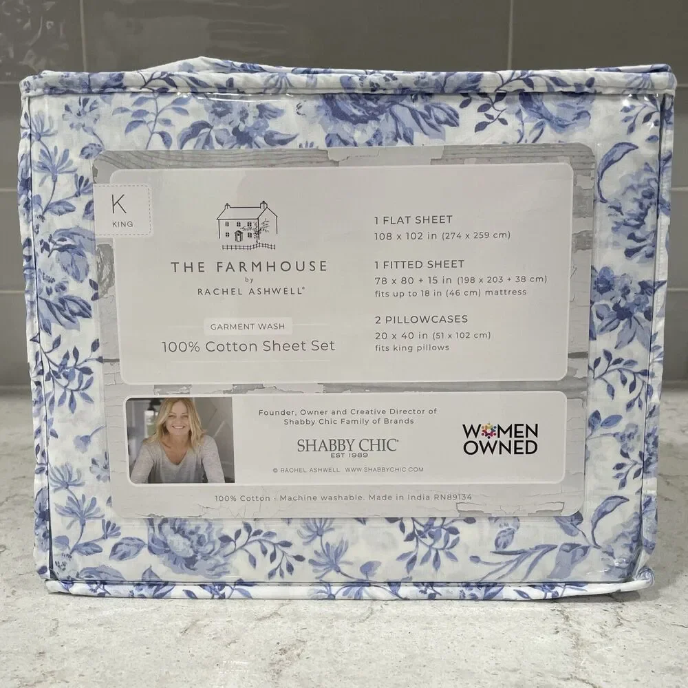 The Farmhouse KING Rachel Ashwell 100% Cotton Flower Floral Blue White Sheet Set